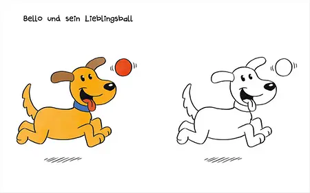 Ausmalseite Bello mit Ball