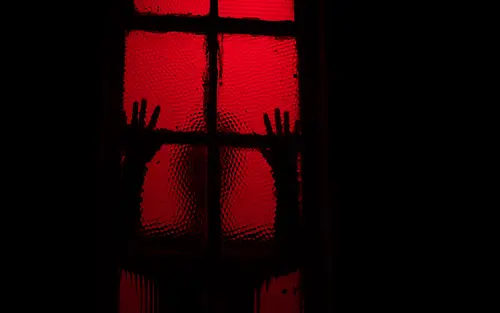 Düstere Silhouette mit Händen an Glastür vor rotem Licht – symbolisiert Spannung und Bedrohung in Thriller-Bestsellern