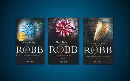 Abbildung der ersten drei Bände der Eve Dallas Buchreihe von J. D. Robb bei Blanvalet